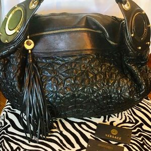 VERSACE Large Black Lamb Braided handle Shoulder Bag